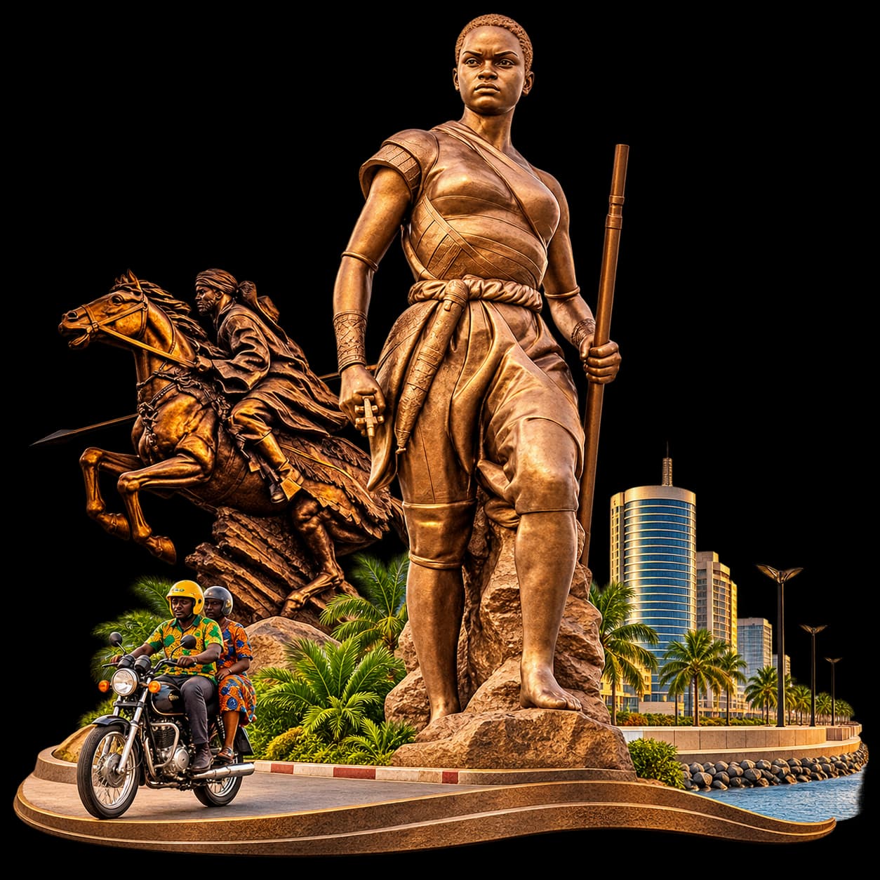 The Amazon statue in Cotonou, an equestrian statue, a zémidjan and the seafront