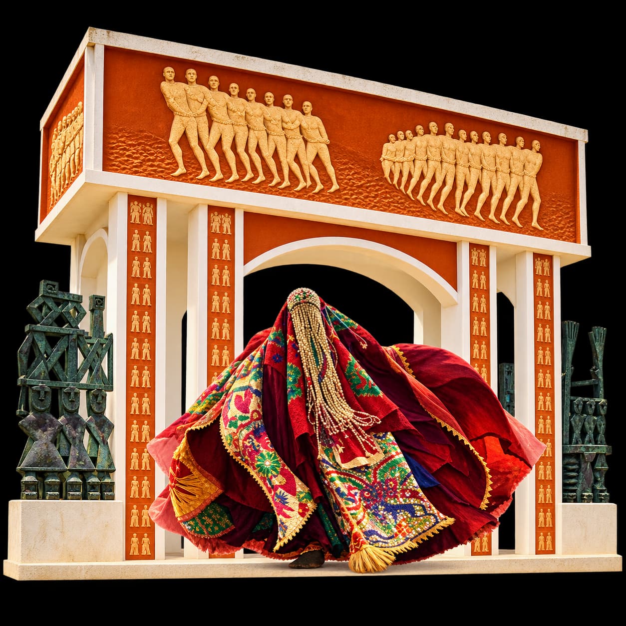 The Door of No Return at Ouidah and a red-cloth revenant mask