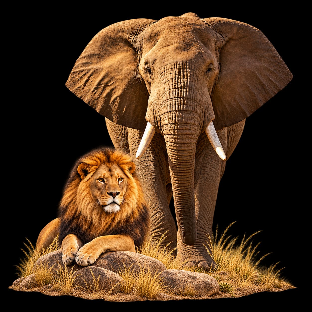 An elephant and a lion in the grassland of Pendjari Park